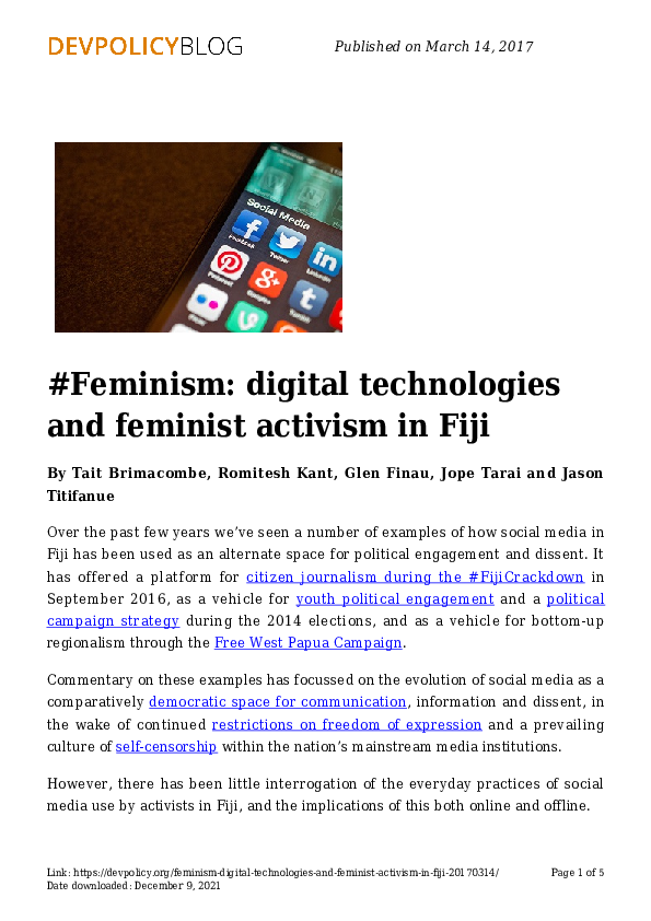 (PDF) #Feminism: digital technologies and feminist activism in Fiji