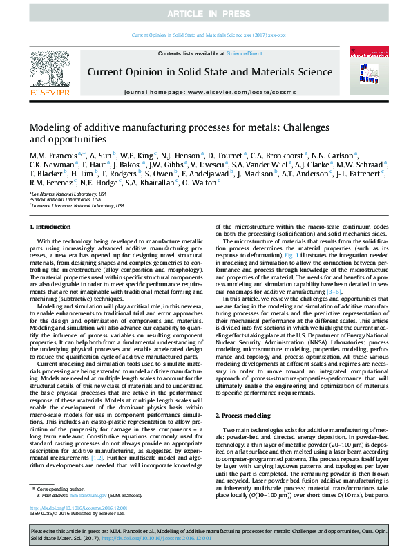 (PDF) Modeling of additive manufacturing processes for metals ...