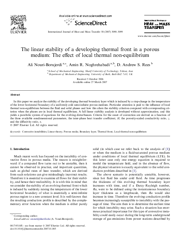 (PDF) The linear stability of a developing thermal front in a porous ...