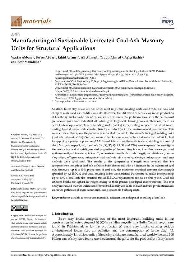 (PDF) Manufacturing of Sustainable Untreated Coal Ash Masonry Units for ...