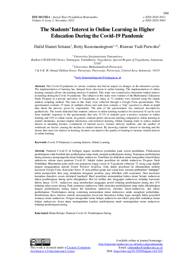 (PDF) Students' Interest in Online Learning in Higher Education During ...