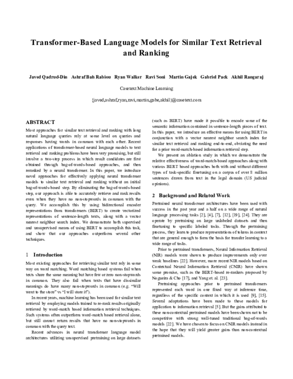 (PDF) Transformer Based Language Models for Similar Text Retrieval and ...