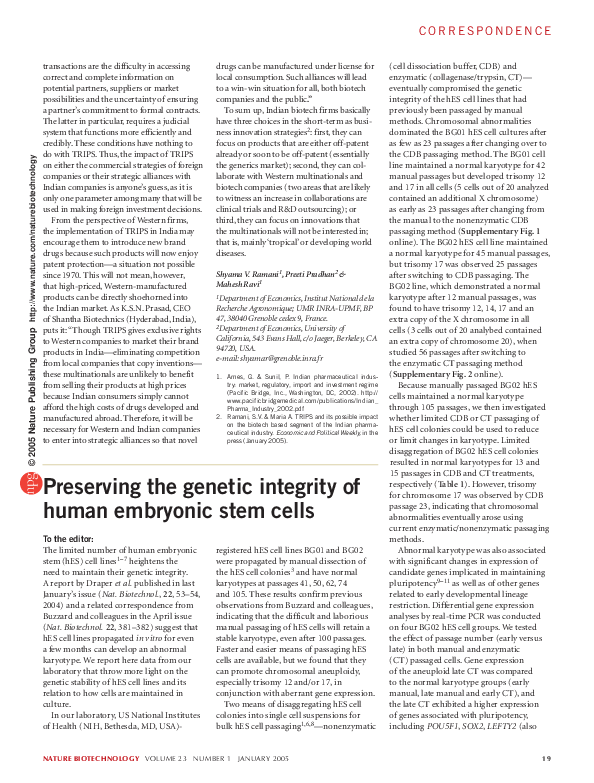 (PDF) Preserving the genetic integrity of human embryonic stem cells