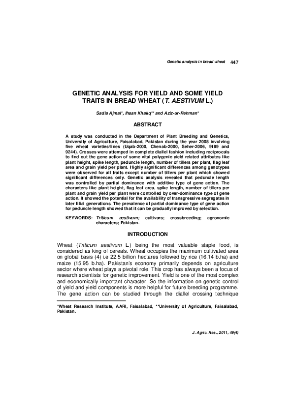 (PDF) Genetic Analysis for Yield and Some Yield Traits in Bread Wheat ...