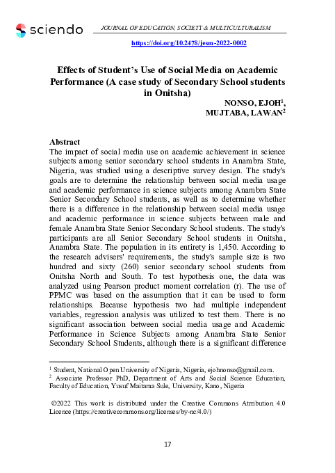 (PDF) Effects of Student’s Use of Social Media on Academic Performance ...