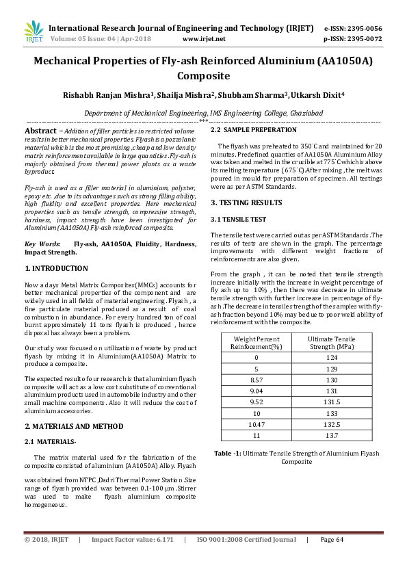(PDF) Mechanical Properties of Fly-ash Reinforced Aluminium (AA1050A ...