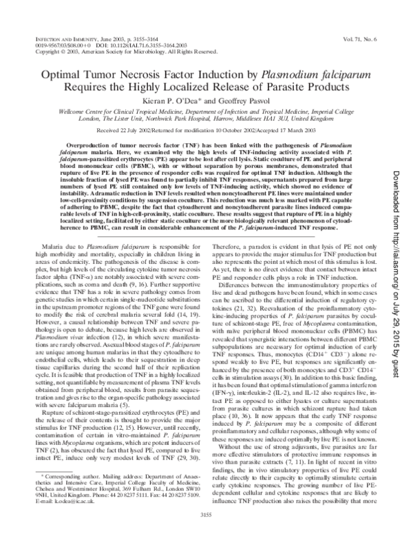 (PDF) Optimal Tumor Necrosis Factor Induction by Plasmodium falciparum ...