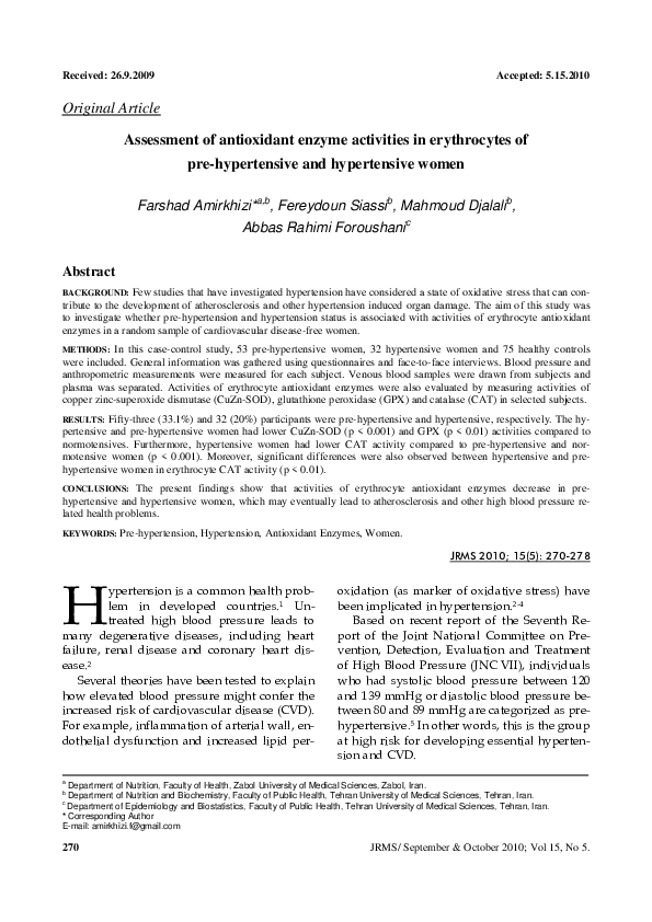 (PDF) Assessment of antioxidant enzyme activities in erythrocytes of ...