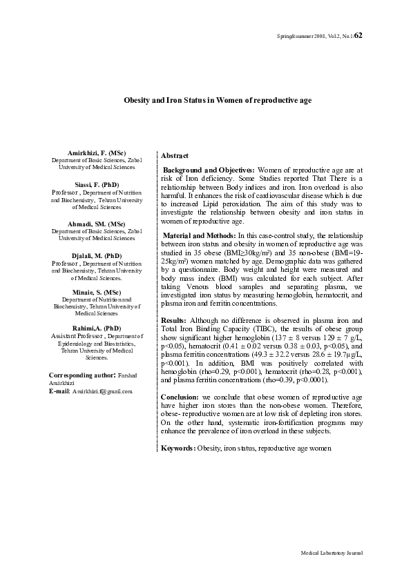 (PDF) Obesity and Iron Status in Women of reproductive age