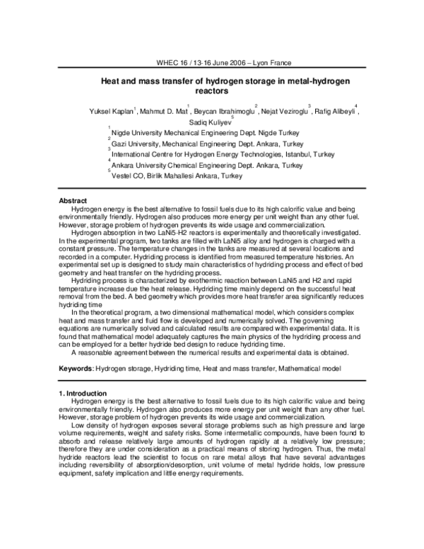 (PDF) Heat and mass transfer of hydrogen storage in metal-hydrogen reactors