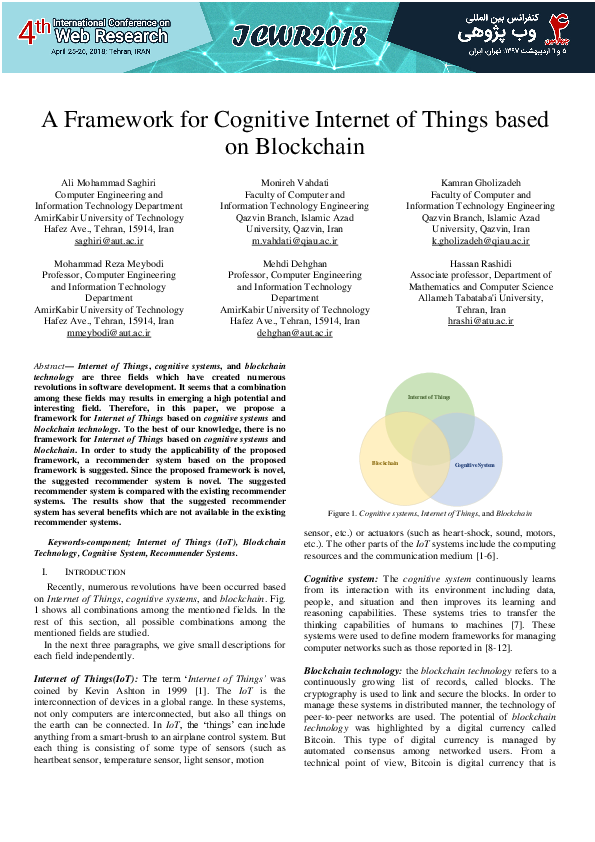 (PDF) A framework for cognitive Internet of Things based on blockchain