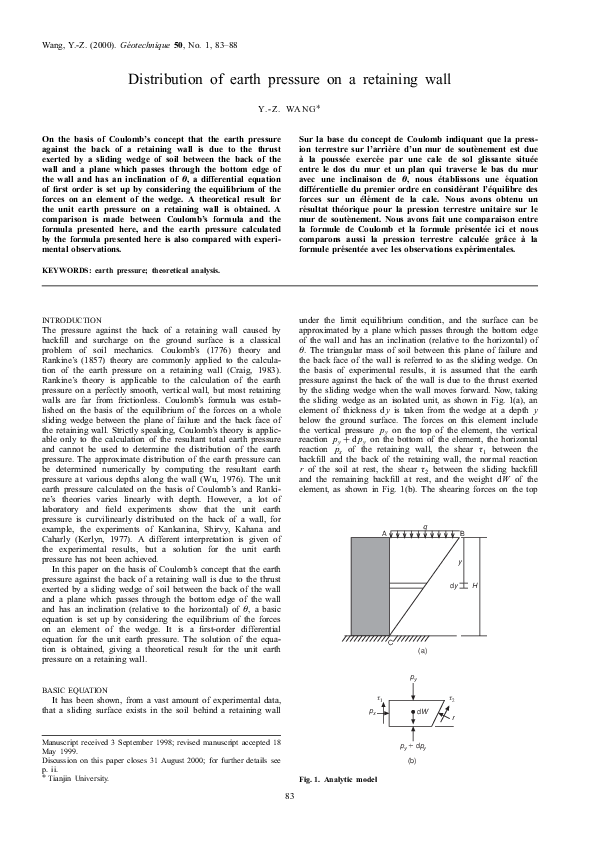 (PDF) Distribution of earth pressure on a retaining wall