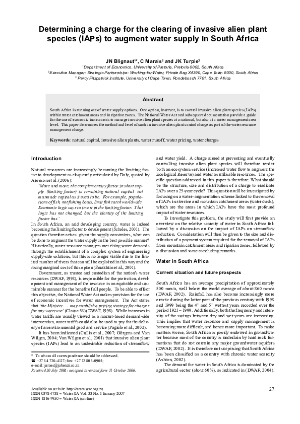 (PDF) Determining a charge for the clearing of invasive alien plant