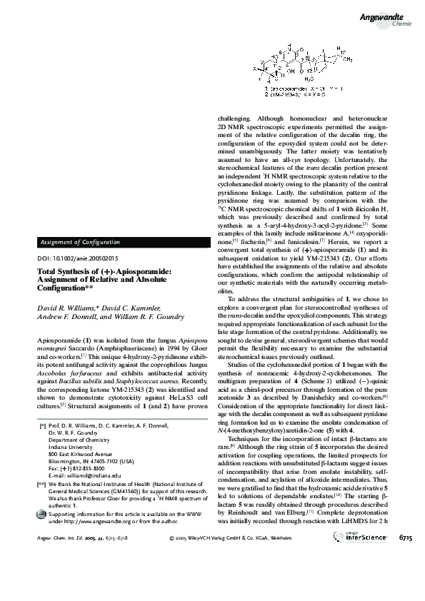 (PDF) Total Synthesis of (+)-Apiosporamide: Assignment of Relative and ...
