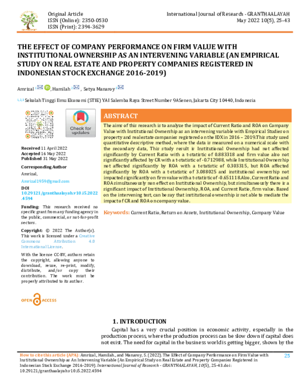 (PDF) The Effect of Company Performance on Firm Value with ...