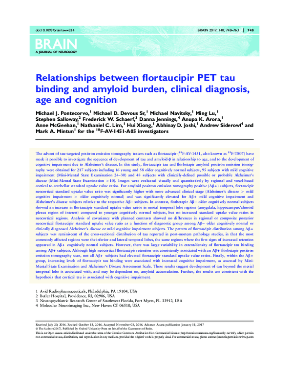 (PDF) Relationships between flortaucipir PET tau binding and amyloid ...