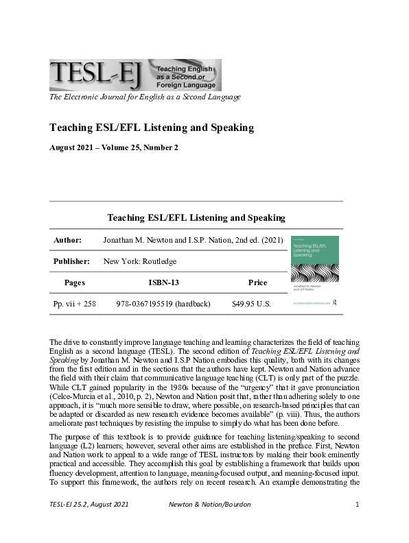 (PDF) Teaching ESL/EFL Listening and Speaking Catherine Walter