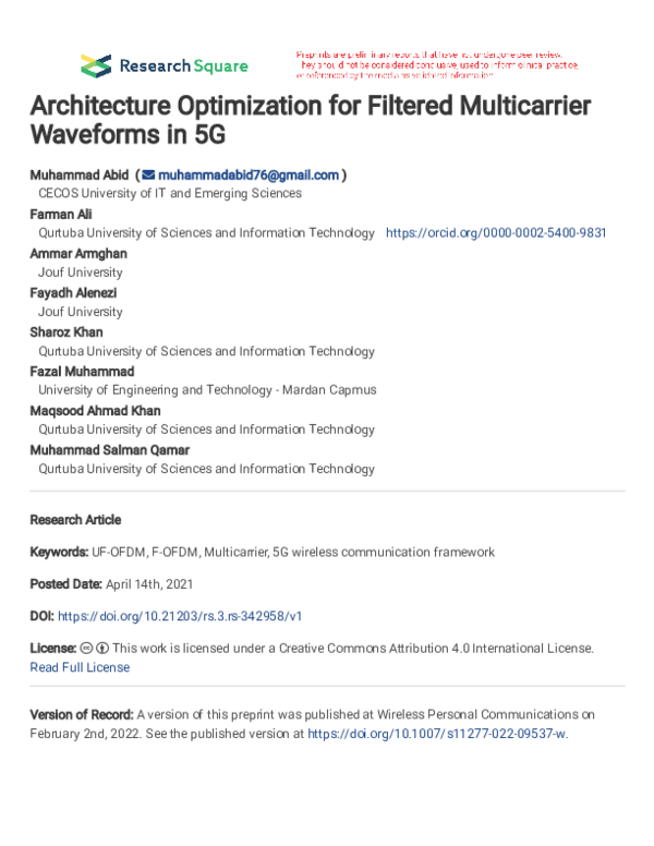 (PDF) Architecture Optimization for Filtered Multicarrier Waveforms in 5G