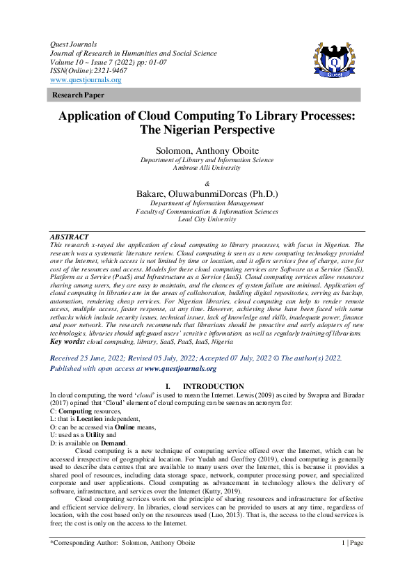 (PDF) Application of Cloud Computing To Library Processes: The Nigerian ...