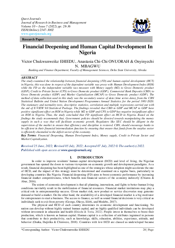 (PDF) Financial Deepening and Human Capital Development In Nigeria