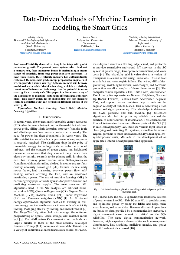 (PDF) Data-Driven Methods of Machine Learning in modeling the Smart Grids