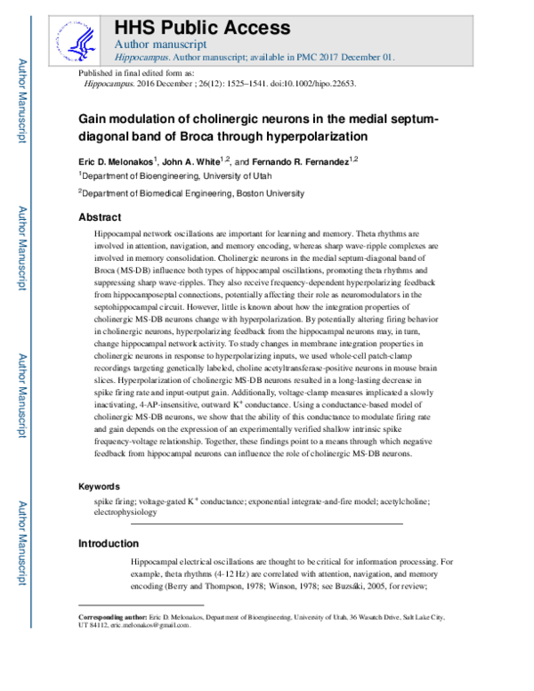 (PDF) Gain modulation of cholinergic neurons in the medial septum ...