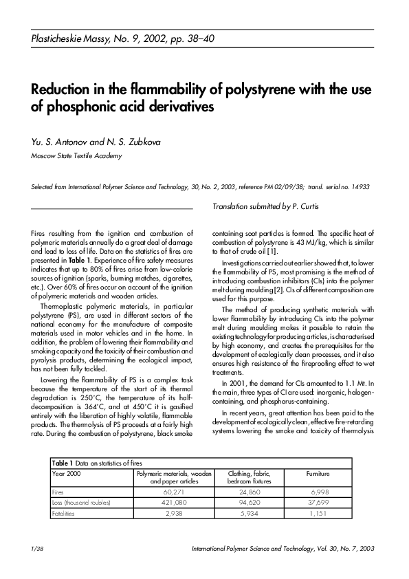 (PDF) Reduction in the Flammability of Polystyrene with the use of Phosphonic Acid Derivatives