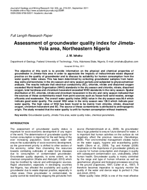 (PDF) Assessment of groundwater quality index for Jimeta-Yola area ...