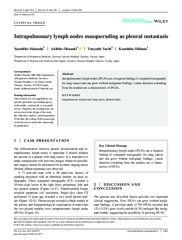 (PDF) Intrapulmonary lymph nodes masquerading as pleural metastasis