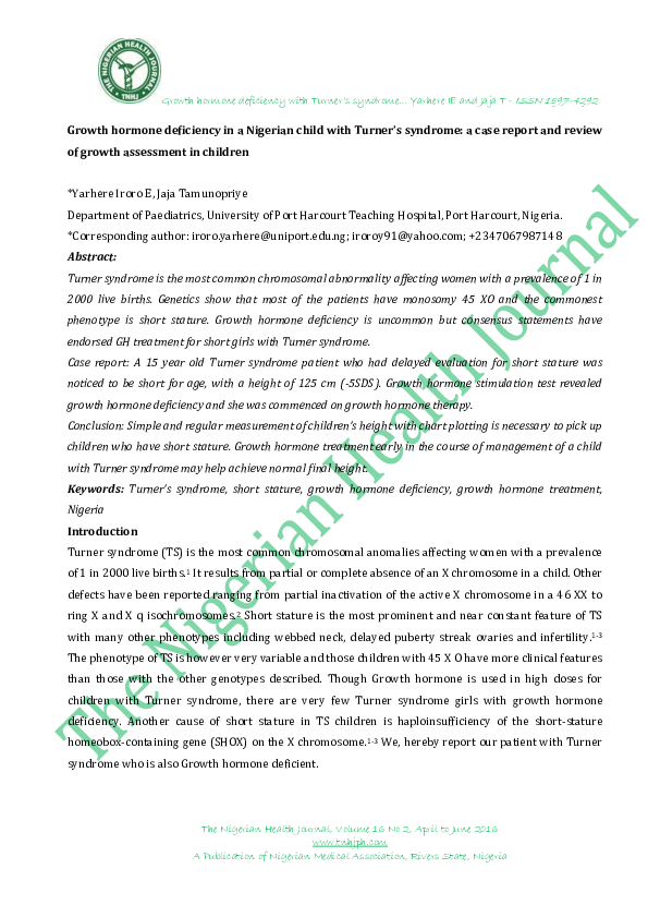 (PDF) Growth hormone deficiency in a Nigerian child with Turner’s ...