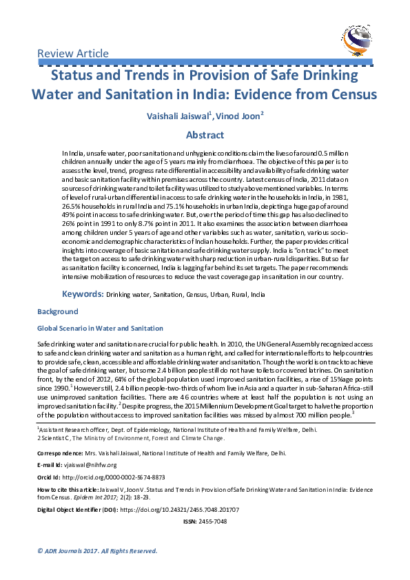 (PDF) Status and Trends in Provision of Safe Drinking Water and ...