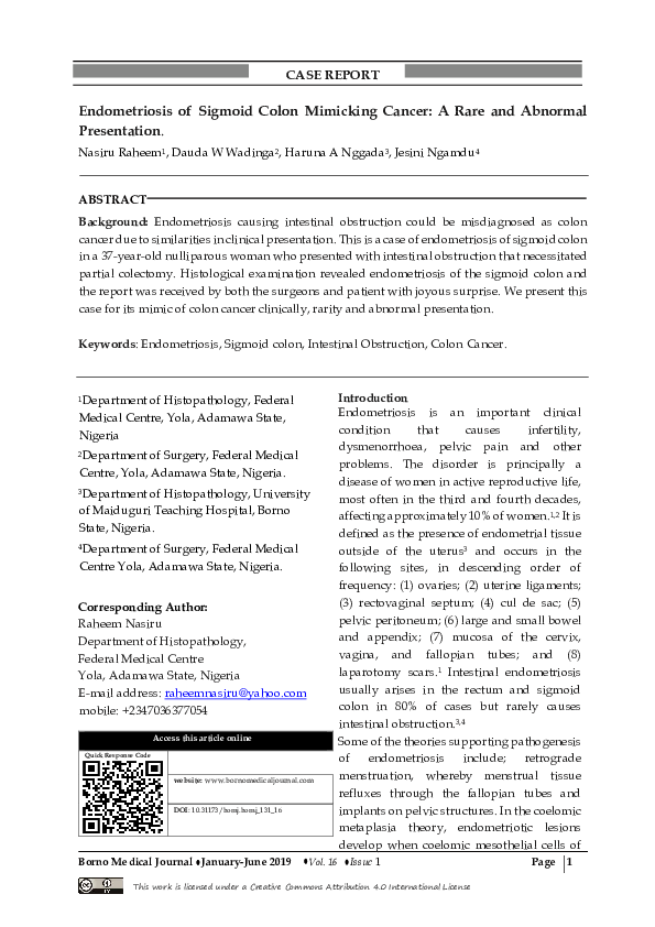 (PDF) Endometriosis of Sigmoid Colon Mimicking Cancer: A Rare and ...