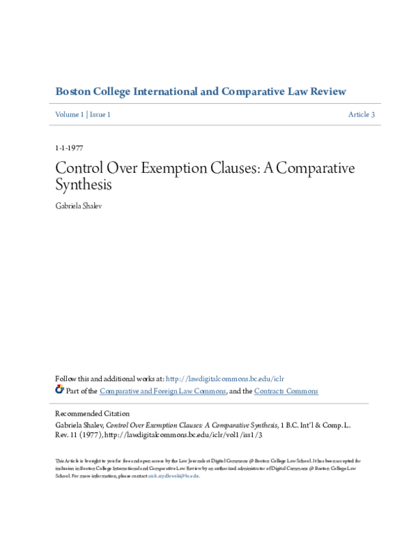 (PDF) Control Over Exemption Clauses: A Comparative Synthesis