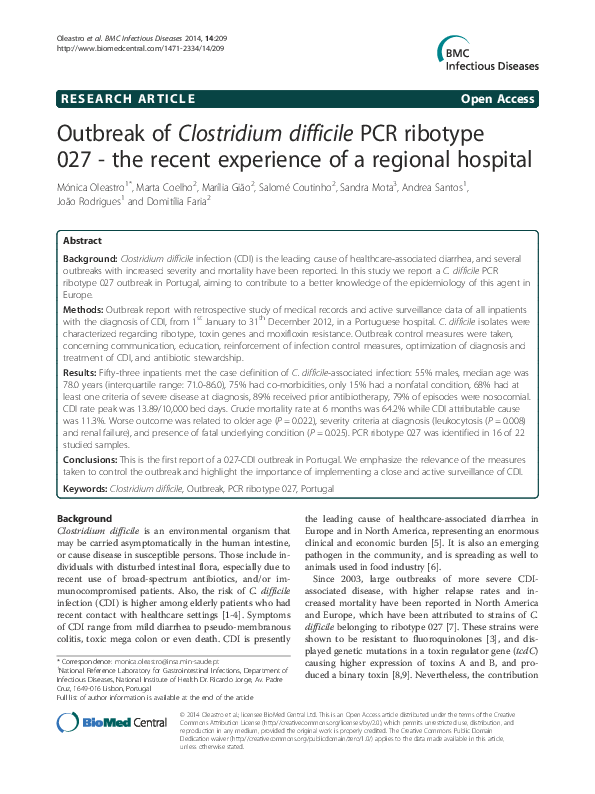 (PDF) Outbreak of Clostridium difficilePCR ribotype 027 - the recent ...