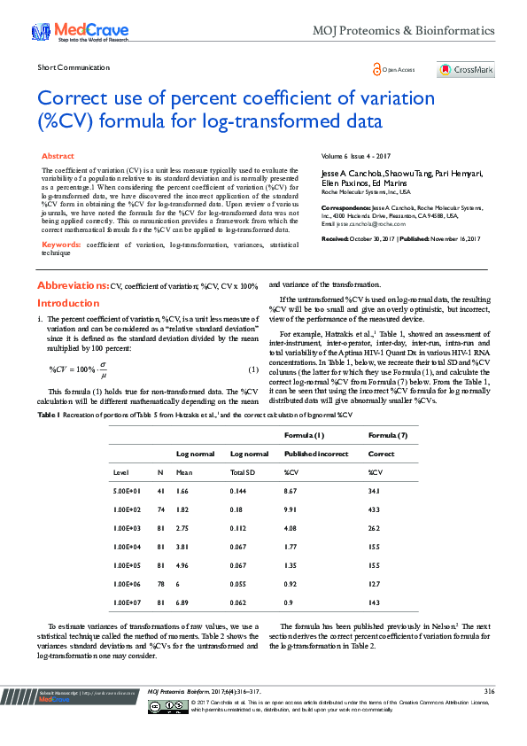 (PDF) Correct Use of Percent Coefficient of Variation (%CV) Formula for ...