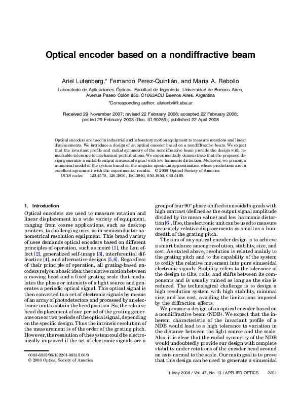 (PDF) Optical encoder based on a nondiffractive beam