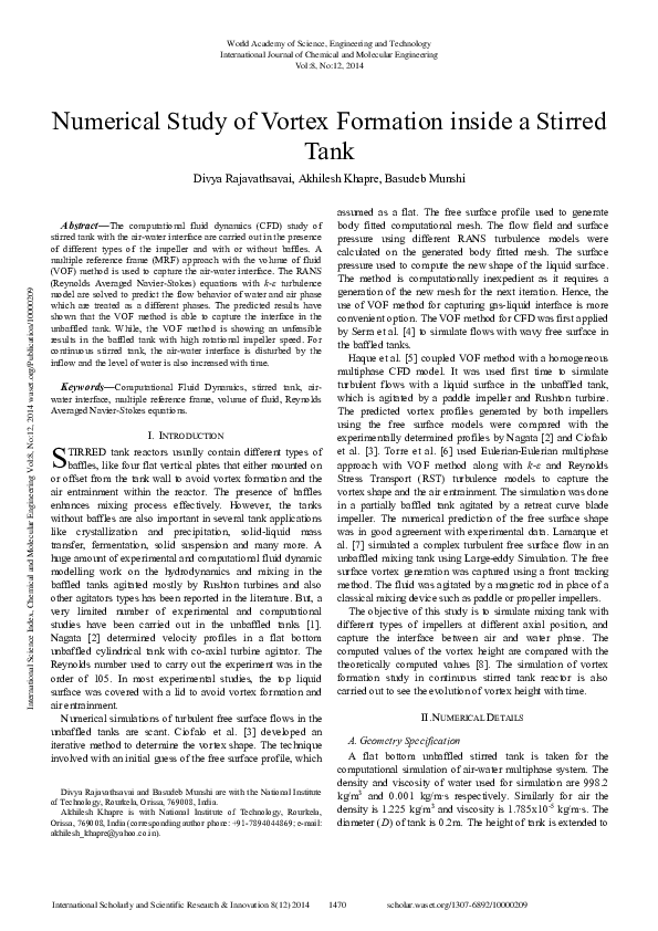(PDF) Numerical Study Of Vortex Formation Inside A Stirred Tank