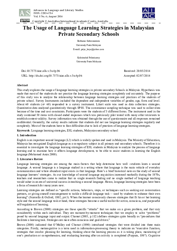 (PDF) The Usage of Language Learning Strategies in Malaysian Private ...