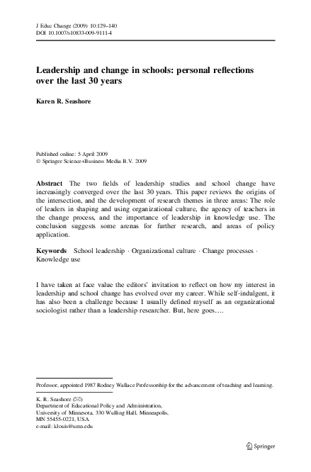 (PDF) Leadership and change in schools: personal reflections over the ...