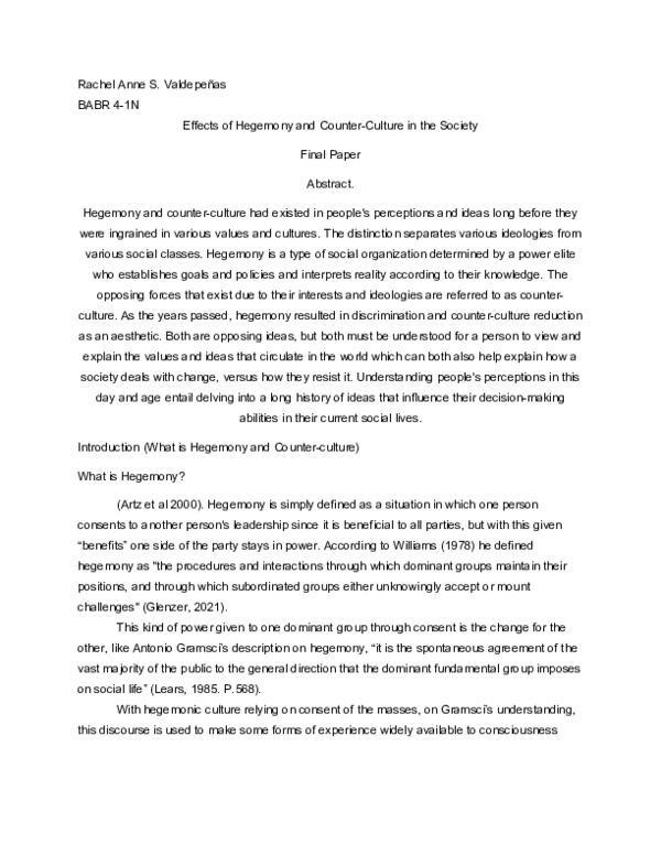 (DOC) Hegemony and Counter Culture Finals VALDEPENAS
