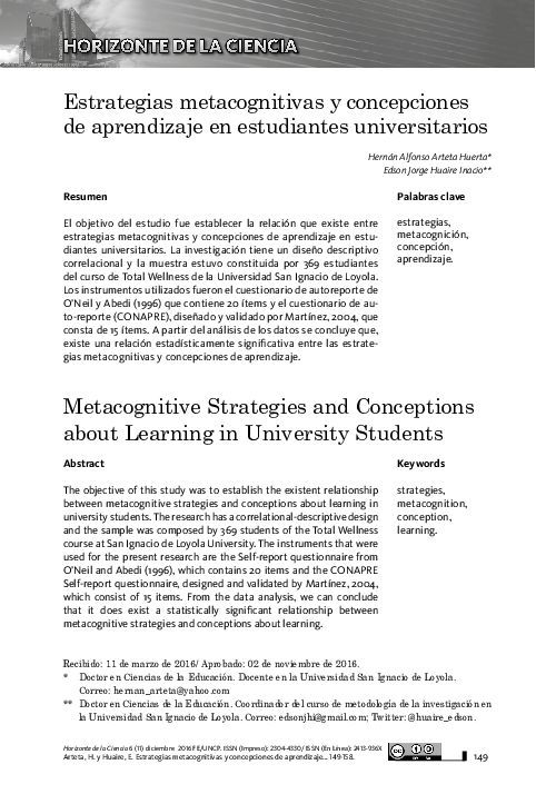 (PDF) Estrategias metacognitivas y concepciones de aprendizaje en ...