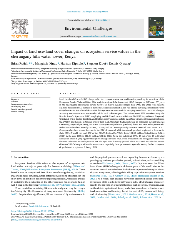 (PDF) Impact of land use/land cover changes on ecosystem service values ...
