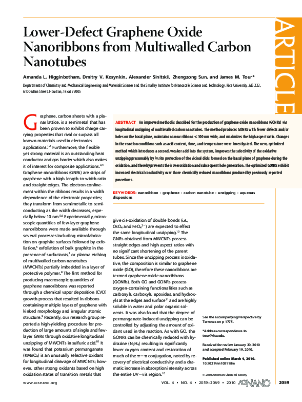 (PDF) Lower-Defect Graphene Oxide Nanoribbons from Multiwalled Carbon ...