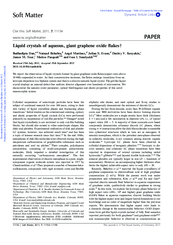 (PDF) Liquid crystals of aqueous, giant graphene oxide flakes