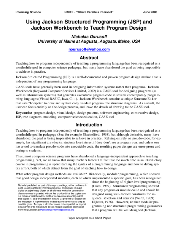 (PDF) Using Jackson Structured Programming (JSP) and Jackson Workbench