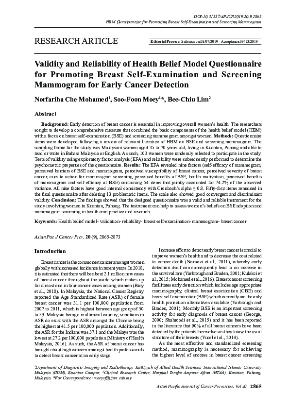 (PDF) Validity and Reliability of Health Belief Model Questionnaire for ...