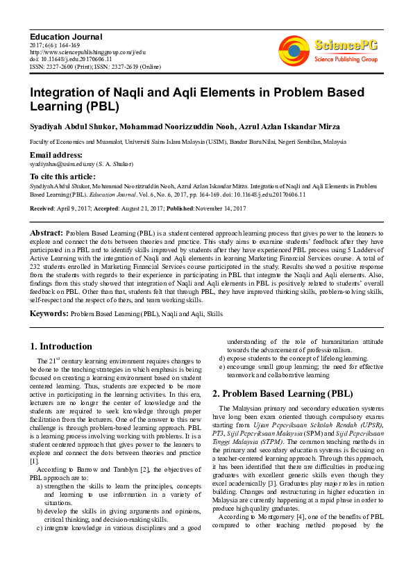 Integration of Naqli and Aqli Elements in Problem Based Learning (PBL)