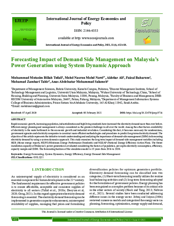 (PDF) Forecasting Impact of Demand Side Management on Malaysia’s Power ...