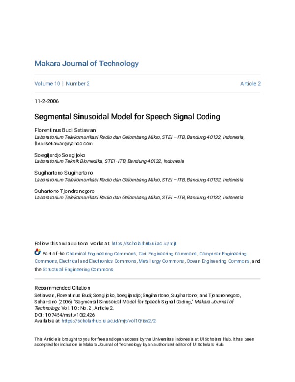 (PDF) Segmental Sinusoidal Model for Speech Signal Coding