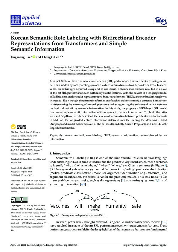 (PDF) Korean Semantic Role Labeling with Bidirectional Encoder ...